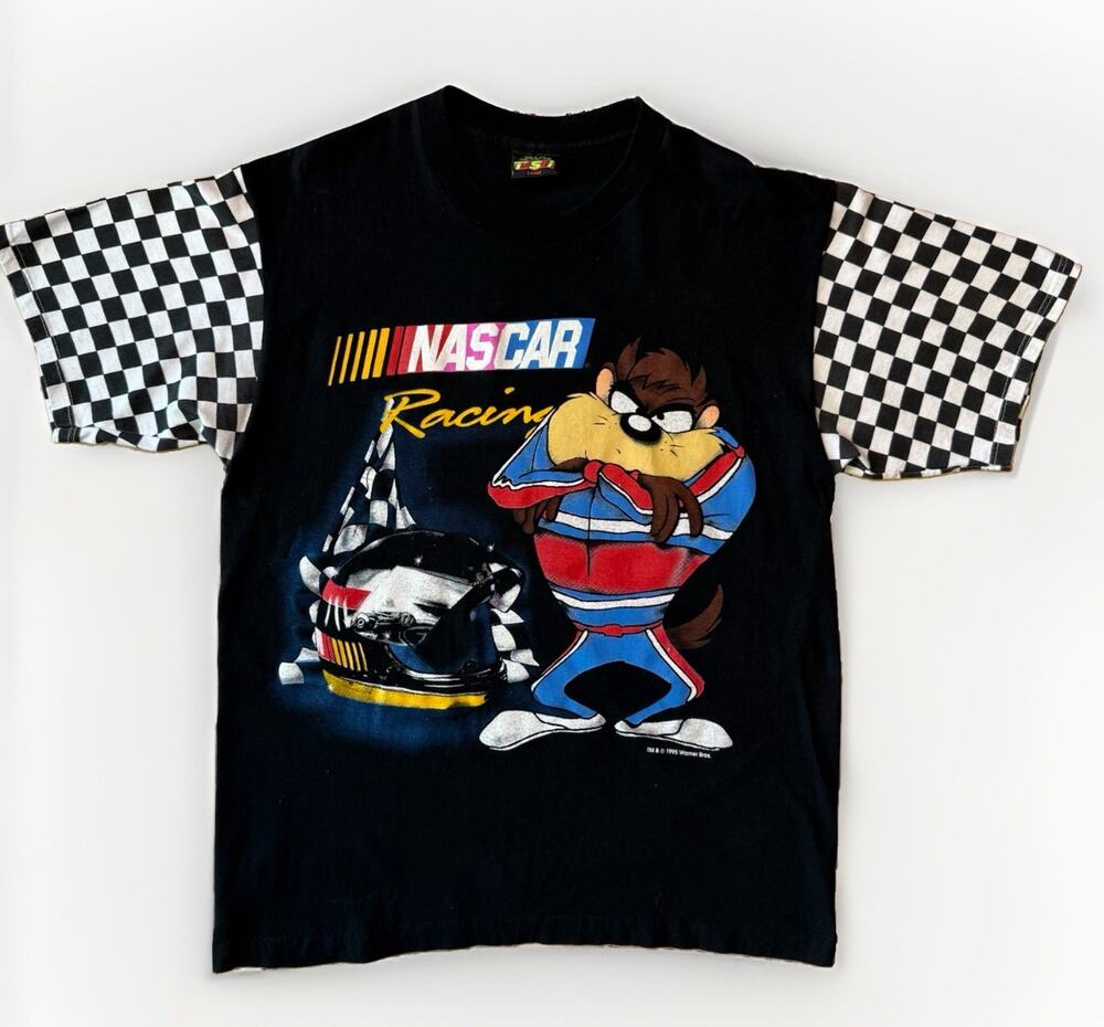 Vintage Nascar Racing Shirt Large Black 90s Taz Looney Tunes Racing Cartoon